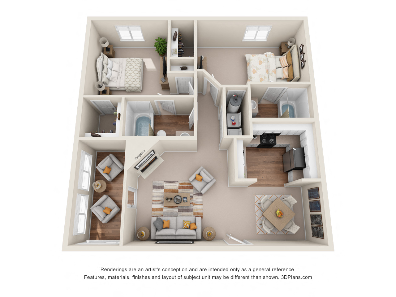 Floor plan for 2 beds, 2 baths, 1059 sqft